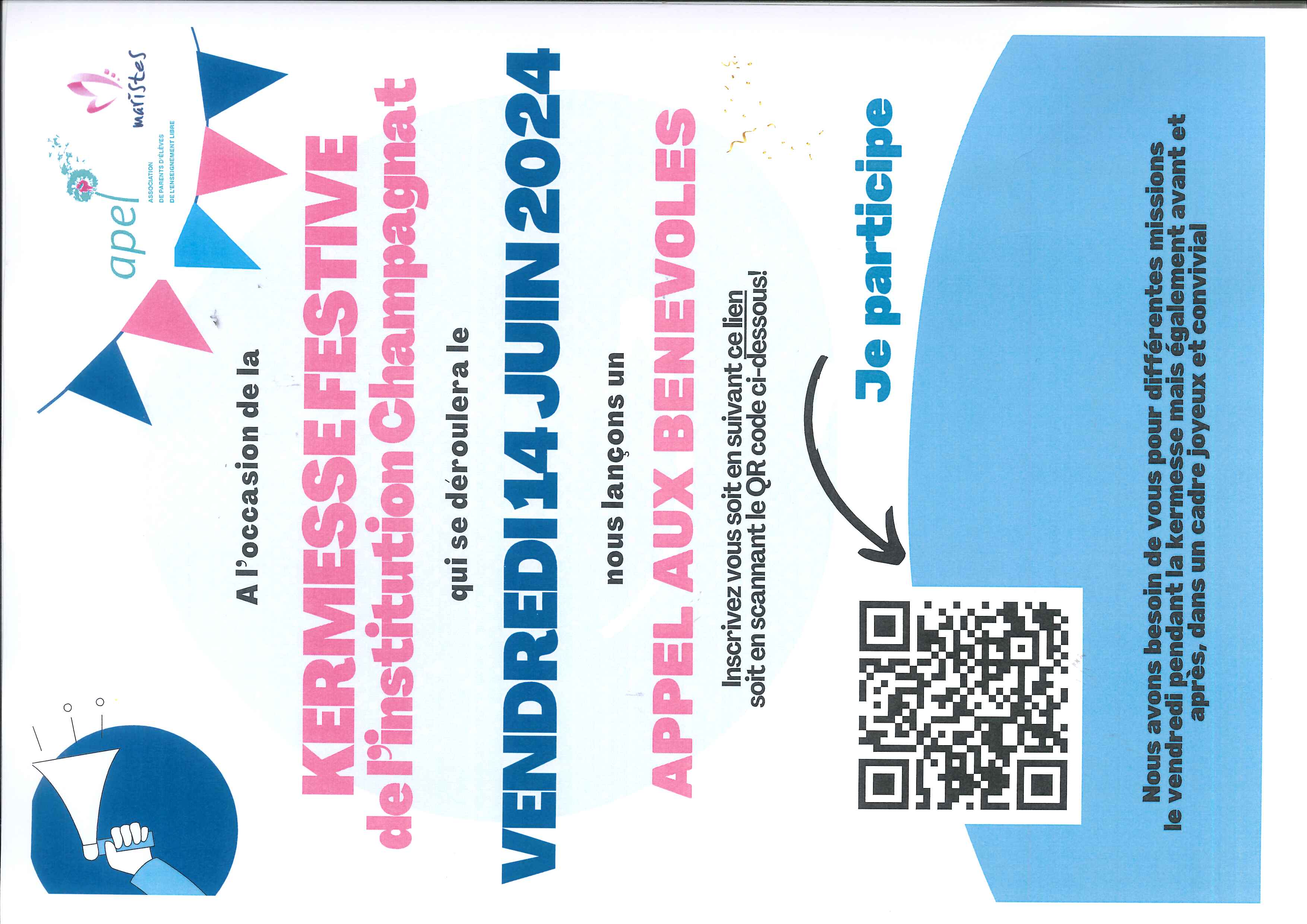 Appels aux bénévoles pour notre kermesse du 14 juin 2024