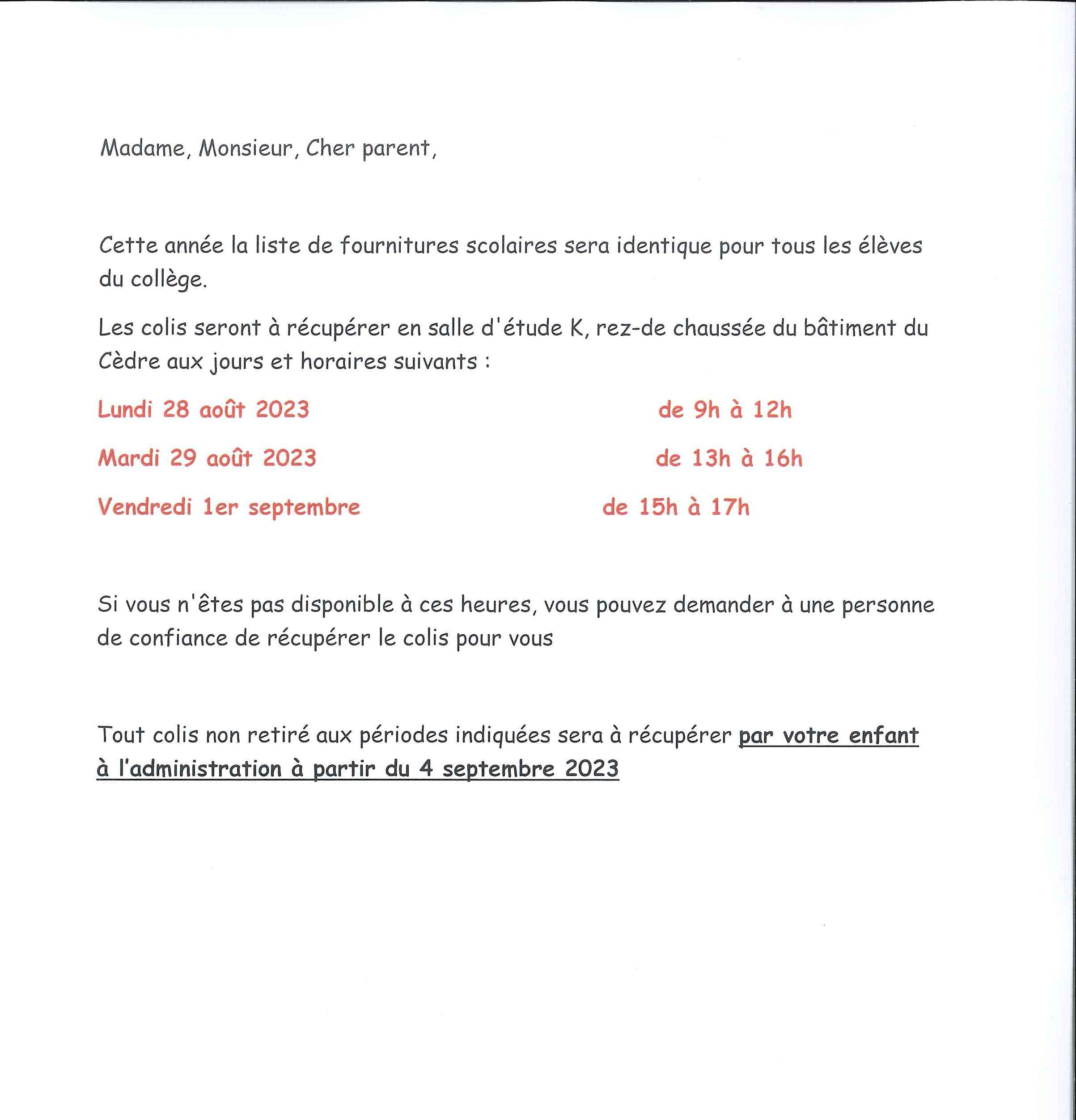RAPPEL  RECUPERATION COLIS RENTREE COLLEGE