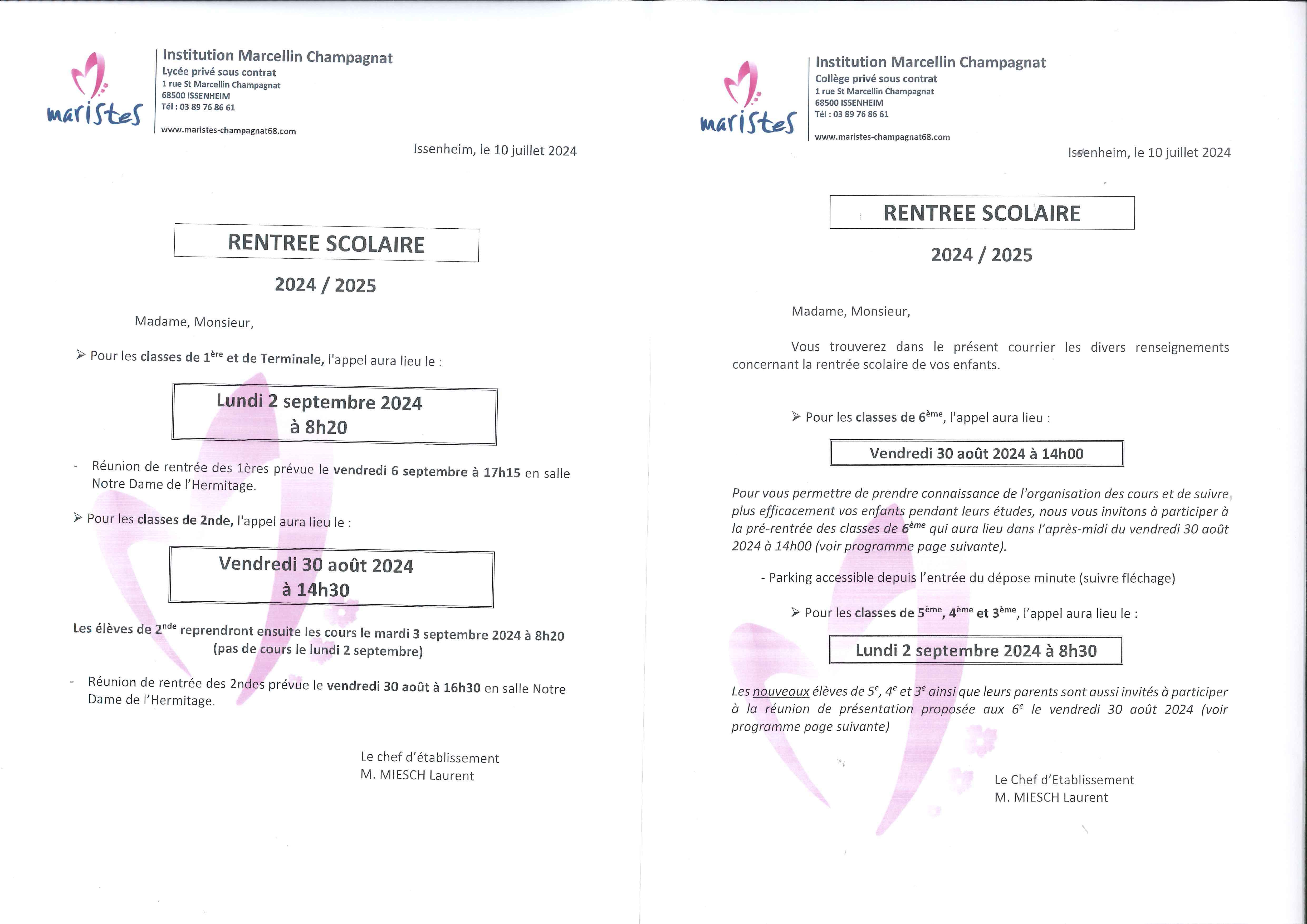 Dates de rentrée pour le collège et le lycée