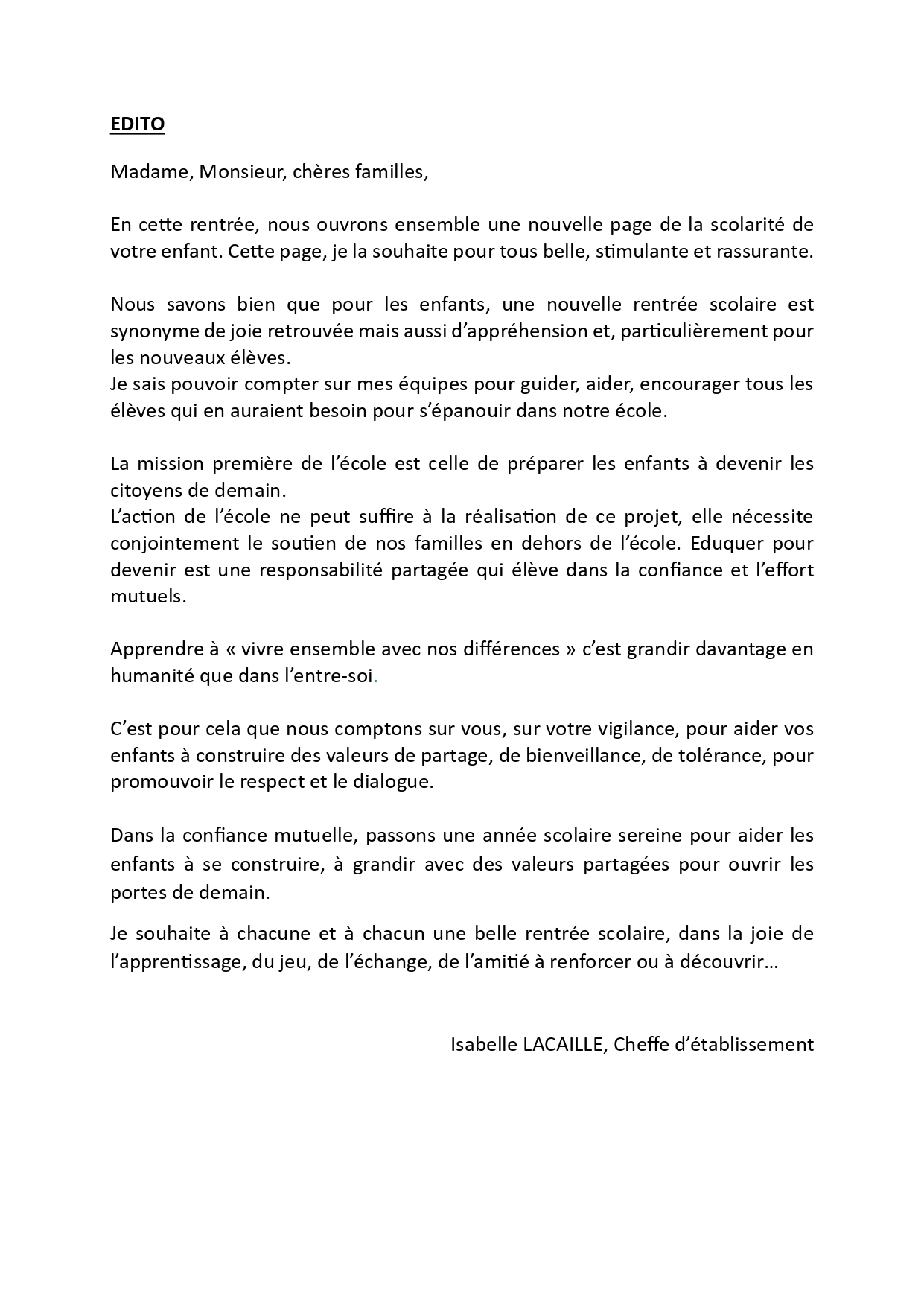 Edito de Mme LACAILLE
